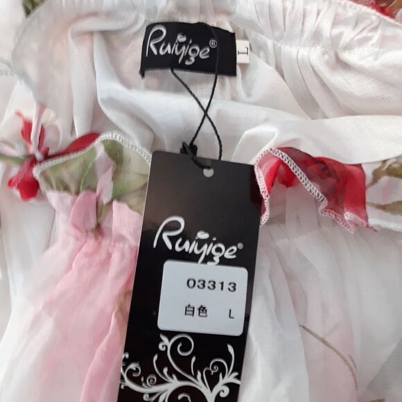 Ruiyige Sheer Flowy Floral Maxi Ruffled Jewel Neck Maxi Dress White Pink Sz L - Picture 10 of 11